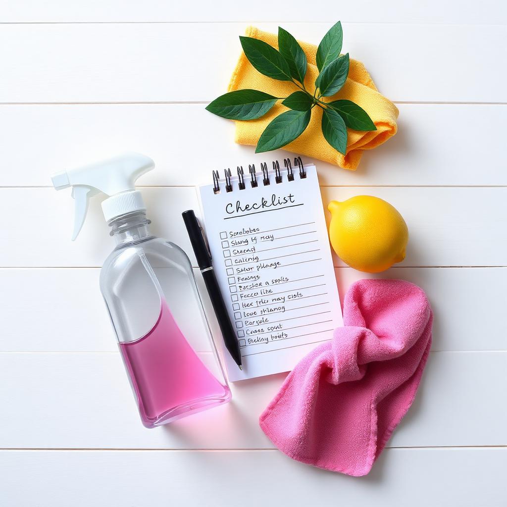 House cleaning checklist notebook with spray bottle and microfiber cloths