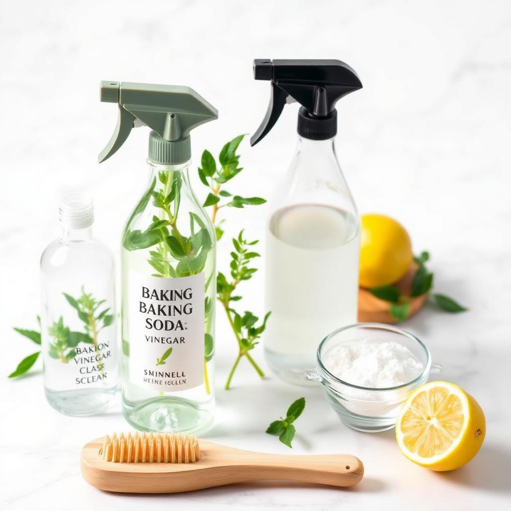 Eco friendly cleaning supplies with plants, vinegar and baking soda