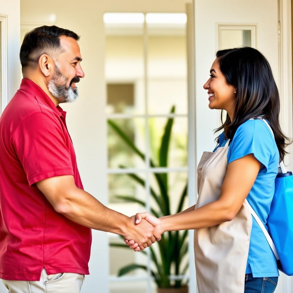 Homeowner shaking hands with a professional house cleaner at the front door