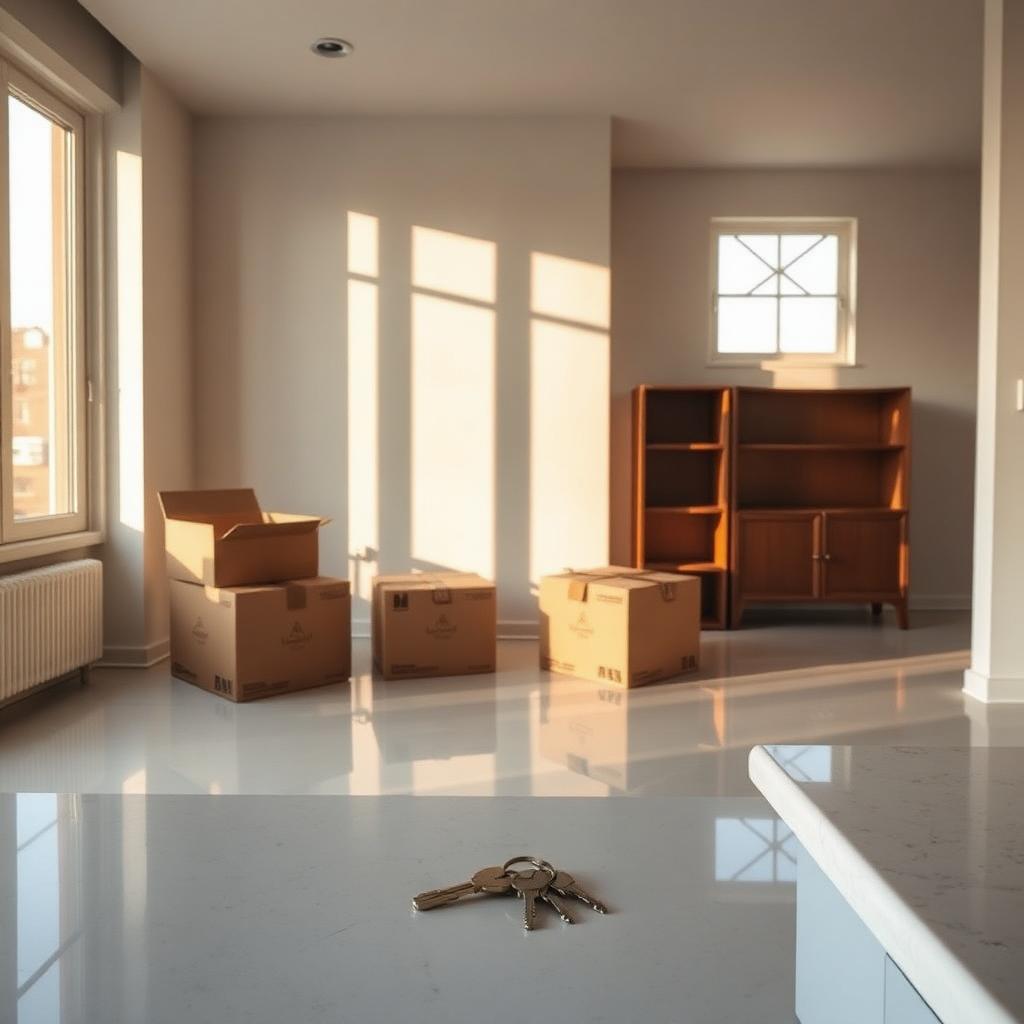 Empty apartment with moving boxes, keys on the counter and shining floors