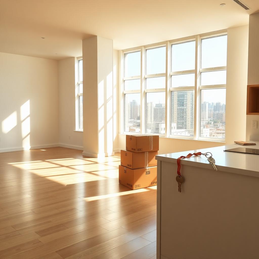 Empty freshly cleaned apartment with moving boxes and shiny floors