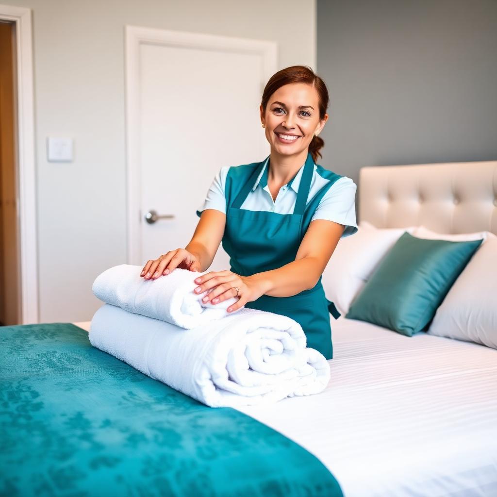 Perfectly made bed with fresh towels after a recurring maid service visit