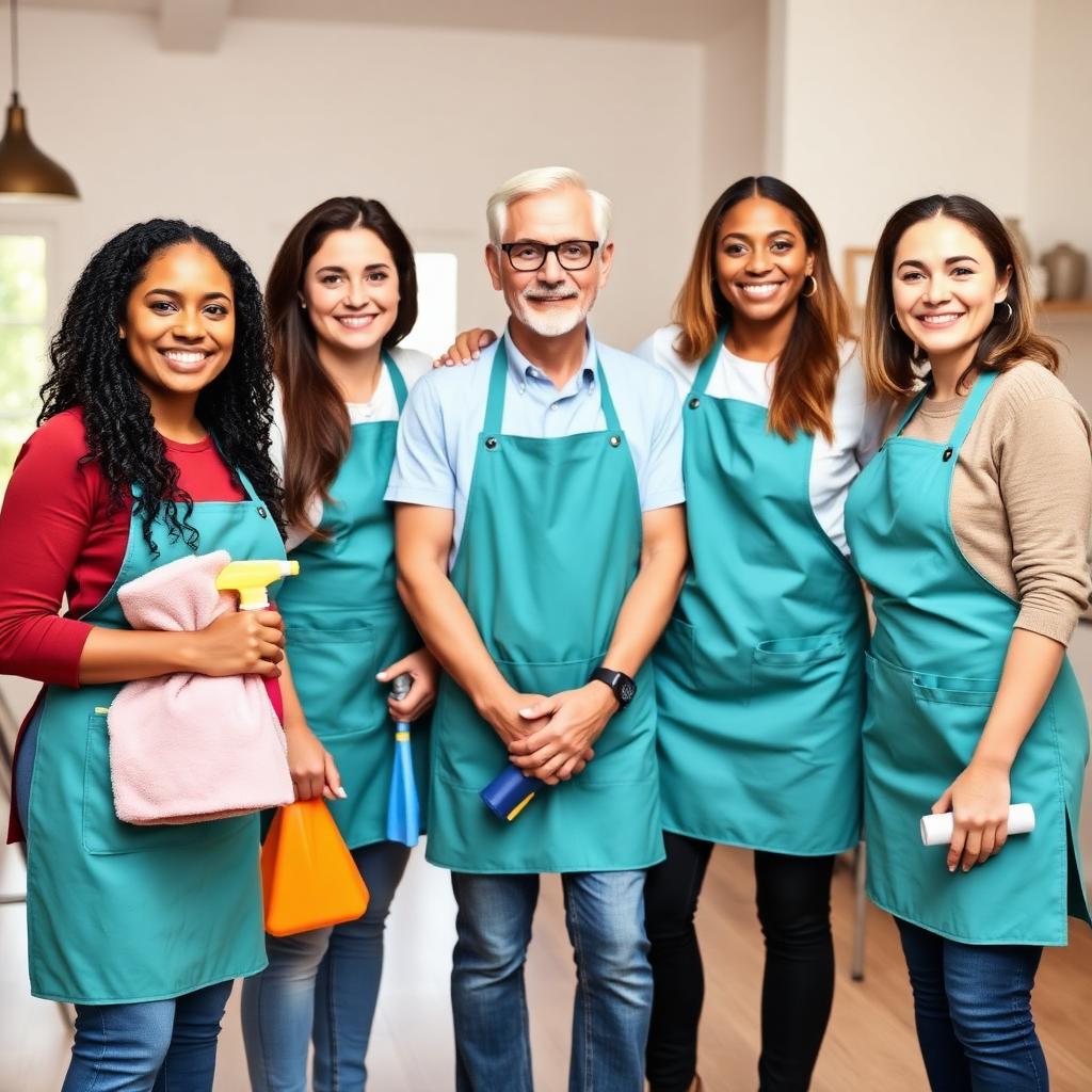 The friendly Everhaus Cleaning team in matching teal aprons